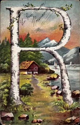 Buchstaben Ak Buchstabe R, Birkenstamm, Bergmotiv