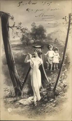 Buchstaben Ak Buchstabe W, Kinder, Frau mit Flöte