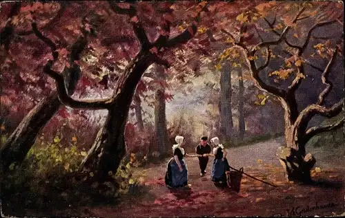 Künstler Ak Gerstenhauer, Johann Georg, niederländisches Motiv, Kinder in Tracht, Wald, Herbst