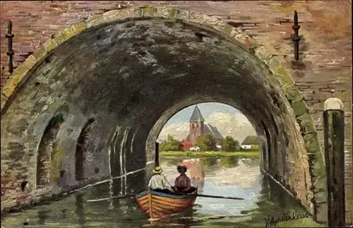 Künstler Ak Gerstenhauer, Johann Georg, Niederländisches Motiv, Kanalbrücke, Boot