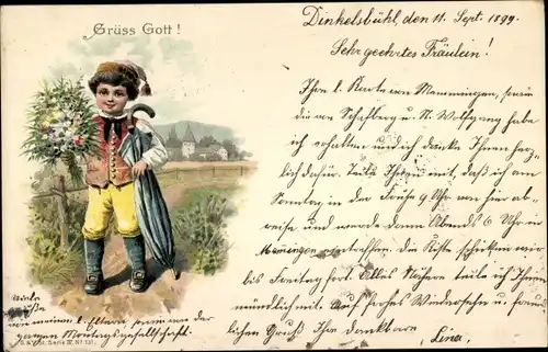 Künstler Ak Gerstenhauer, Johann Georg, Grüß Gott, Junge in Tracht, Blumenstrauß, Schirm