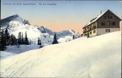 Ak Garmisch Partenkirchen in Oberbayern, Kreuzeckhaus, Adolf Zoeppritz Haus, Alpspitze, Zugspitze