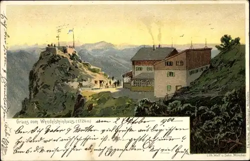 Litho Bayrischzell im Mangfallgebirge Oberbayern, Wendelsteinhaus, Berge