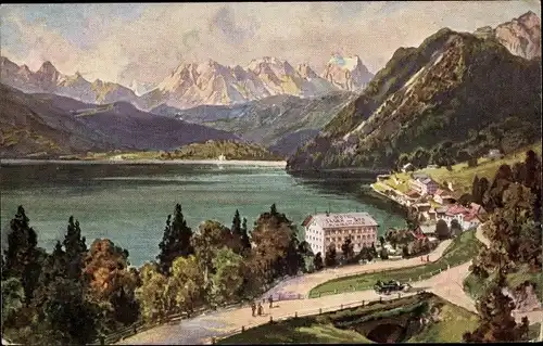 Künstler Ak Urfeld am Walchensee Kochel am See, Hotel Jäger am See, Bes. Wiesmayer