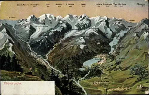 Landkarten Ak Pontresina Kt. Graubünden Schweiz, Oberengadin, Samaden, Celerina, Cresta, St. Moritz