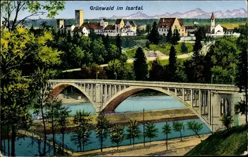 Ak Grünwald im Isartal Oberbayern, Ortsansicht, Brücke