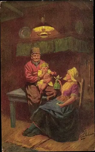 Künstler Ak Gerstenhauer, J. G., Familie in Niederländischer Tracht, Bauernstube