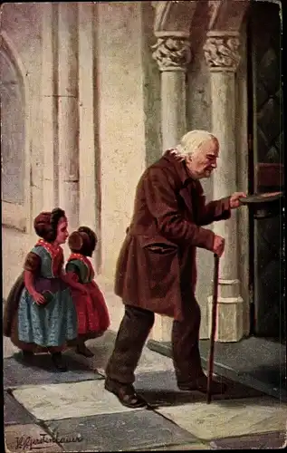Künstler Ak Gerstenhauer, J. G., Kinder in niederländischer Tracht, Kirche, Mann mit Gehstock