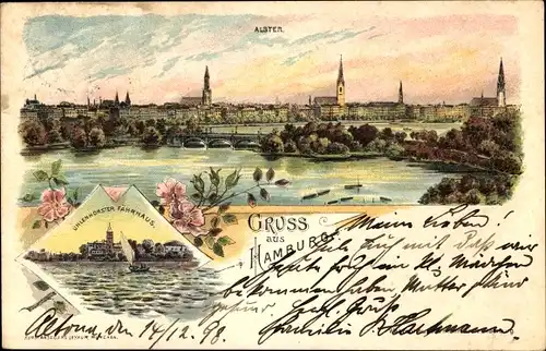 Litho Hamburg, Blick über die Alster zur Stadt, Uhlenhorster Fährhaus