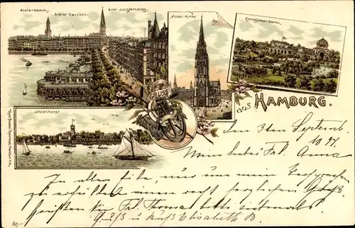 Litho Hamburg, Nicolai Kirche, Zoologischer Garten, Uhlenhorst, Alster Pavillon, Jungfernstieg