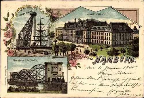Litho Hamburg, Riesen-Kran im Hafen, Justiz-Gebäude, Eisenbahn-Elb-Brücke