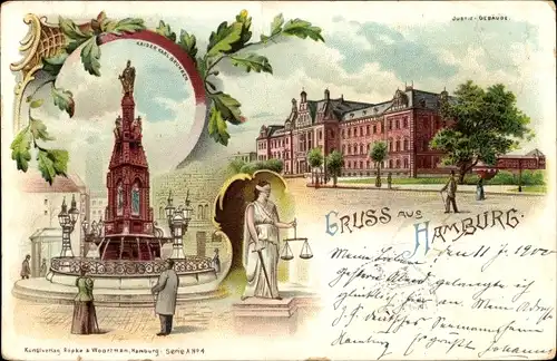 Litho Hamburg Mitte Altstadt, Kaiser-Karl-Brunnen, Justizgebäude