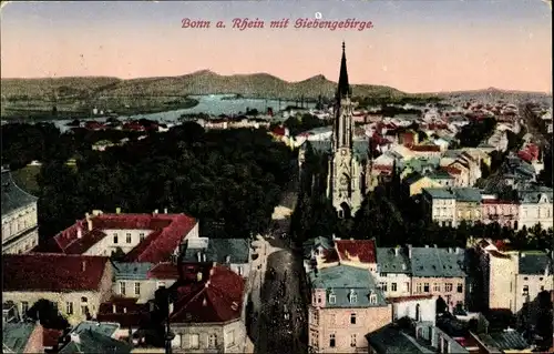 Ak Bonn am Rhein, Totalansicht, Siebengebirge, Kirchturm