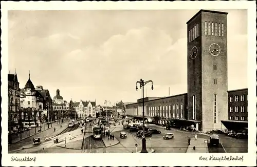 Ak Düsseldorf am Rhein, Hauptbahnof, Turm, Turmuhr, Straßenbahn