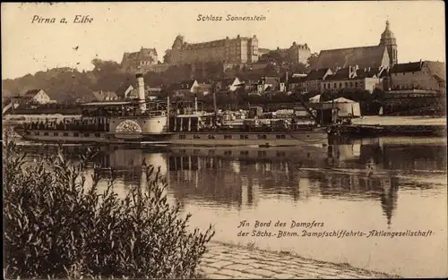 Ak Pirna in Sachsen, Schloss Sonnenstein, Dampfer der Sächs. Böhmischen Dampfschifffahrts AG