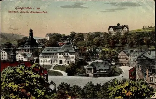 Ak Klingenthal im Vogtland Sachsen, Rathaus, Kirche, Handelsschule