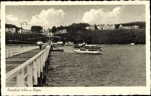 Ak Ostseebad Sellin auf Rügen, Seebrücke, Schiff