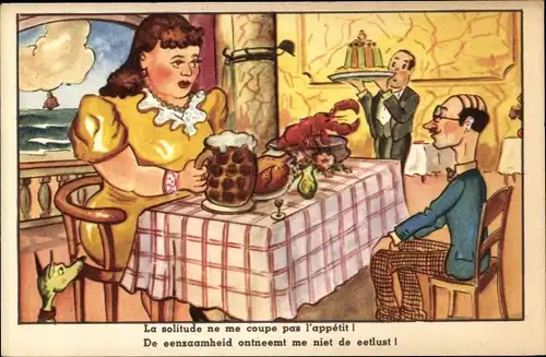 Ak Große Frau und kleiner dünner Mann im Restaurant