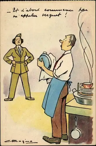 Ak Frau in Uniform, Mann macht den Abwasch