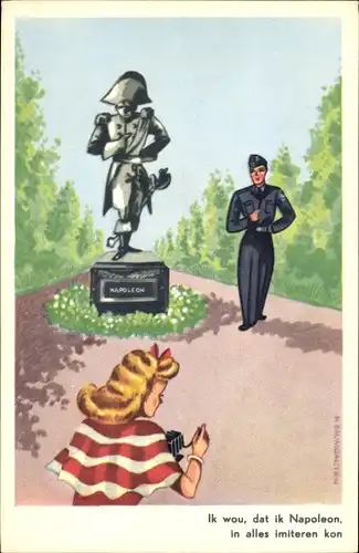 Künstler Ak Frau fotografiert Soldat neben einem Napoleon Denkmal