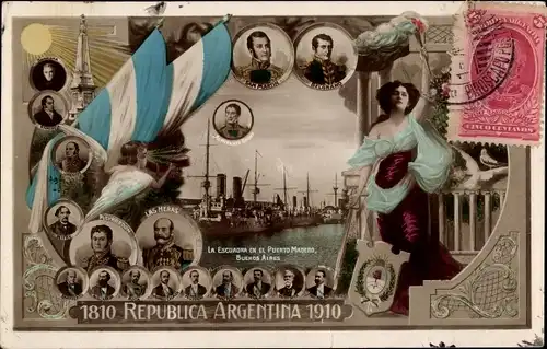 Ak Puerto Madero Buenos Aires Argentinien, Flotte im Hafen, Jubiläum der Revolution 1810-1910