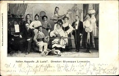 Ak Italienische Kapelle S. Lucia, Direktor Giuseppe Lomasto, Trachten, Musikinstrumente