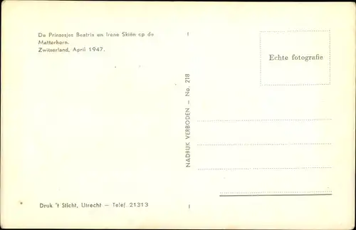 Ak Prinzessin Beatrix der Niederlande, Prinzessin Irene, Matterhorn, Ski, Zermatt 1947