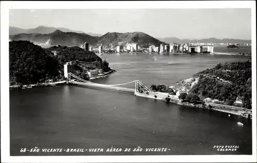Ak Sao Vicente Brasilien, Luftaufnahme, Bucht, Brücke