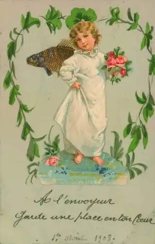Zelluloid Ak Mädchen in weißem Kleid, Blumen, Fisch, Rosen