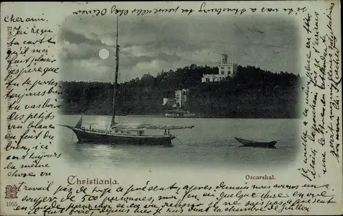 Mondschein Ak Christiania Oslo Norwegen, Oscarshal, Segelboot