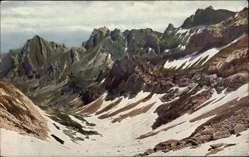 Ak Halbkanton Appenzell Außerrhoden, Aufstieg Berg Säntis, Blick auf Marwies und Hundstein Freiheit