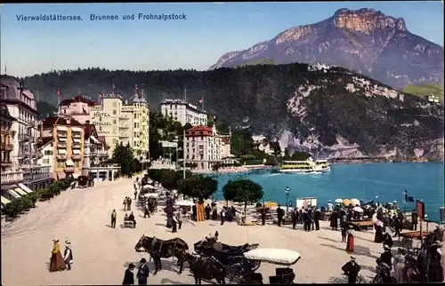 Ak Brunnen Kt. Schwyz Schweiz, Vierwaldstättersee, Frohnalpstock, Kutschen