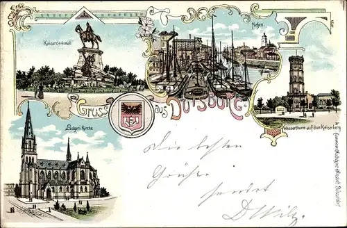 Litho Duisburg im Ruhrgebiet, Kaiserdenkmal, Hafen, Wasserturm, Kaiserberg, Ludgerikirche