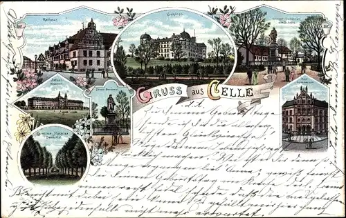 Litho Celle in Niedersachsen, Schloss, Gymnasium, Kriegerdenkmal, Infanteriekaserne, Rathaus