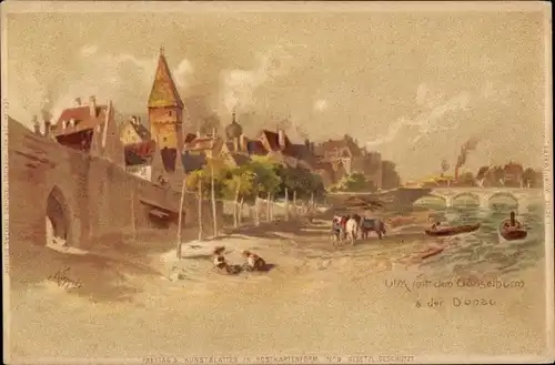 Künstler Litho Ulm an der Donau, Gänseturm, Brücke