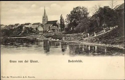 Ak Bodenfelde an der Weser, Uferpartie, Steg, Kirche