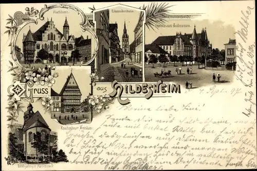 Litho Hildesheim in Niedersachsen, Rathaus, Gymnasium, Kirche, Knochenhaueramtshaus