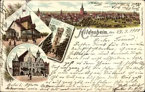 Litho Hildesheim in Niedersachsen, Gasthaus auf dem Galgenberg, Aussichtsturm, Rathaus, Panorama