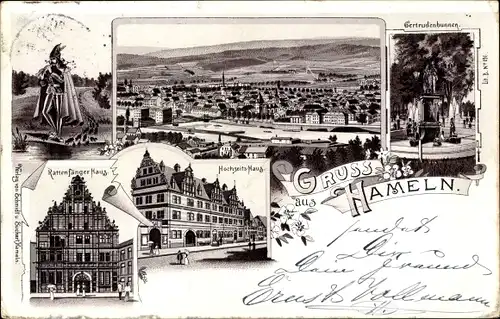 Litho Hameln in Niedersachsen, Rattenfänger, Hochzeitshaus, Gertrudenbrunnen, Rattenfängerhaus