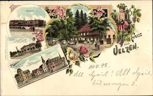 Litho Uelzen in Niedersachsen, Bahnhof, Post, Gasthaus Fischerhof, Königliches Realprogymnasium