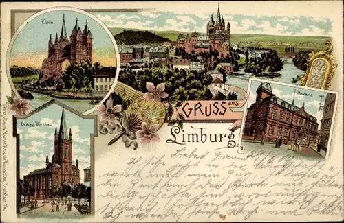 Litho Limburg an der Lahn, Dom, Postamt, evangelische Kirche, Totalansicht