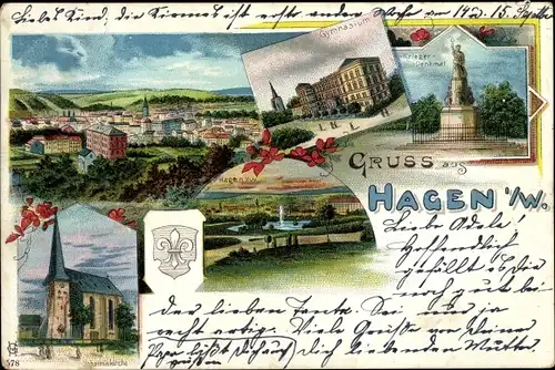 Litho Hagen in Westfalen Ruhrgebiet, Gymnasium, Johanniskirche, Denkmal