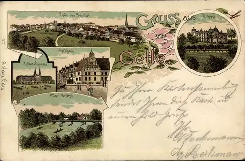 Litho Celle in Niedersachsen, Panorama vom Bahnhof aus, Rathaus, Kaserne, Allerpartie, Schloss