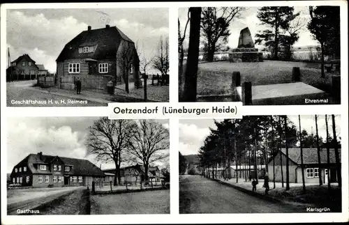 Ak Oetzendorf Weste in der Lüneburger Heide, Geschäftshaus Reimers, Gasthaus, Ehrenmal, Karlsgrün