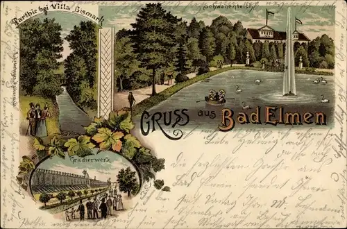 Litho Bad Elmen Salzelmen Schönebeck an der Elbe, Parkpartie, Schwanenteich, Gradierwerk