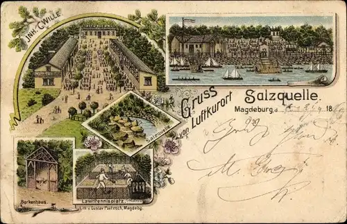 Litho Magdeburg an der Elbe, Salzquelle, Lawntennisplatz, Borkenhaus