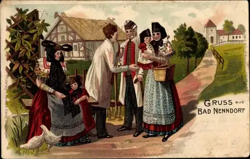 Litho Bad Nenndorf an der Weser, Familie in Schaumburger Trachten, Bauernhof