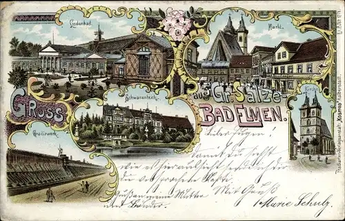 Litho Bad Elmen Salzelmen Schönebeck an der Elbe, Kirche, Markt, Schwanenteich, Gradierwerk