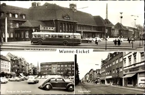 Ak Wanne Eickel Herne im Ruhrgebiet, Hauptbahnhof mit Busbahnhof, Hauptstraße, Sparkasse