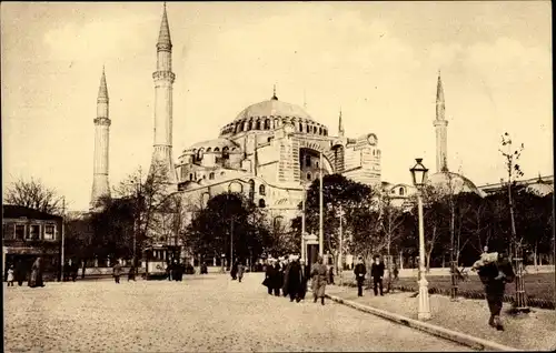 Ak Konstantinopel Istanbul Türkiye, St. Sophien-Moschee, Straßenbahn